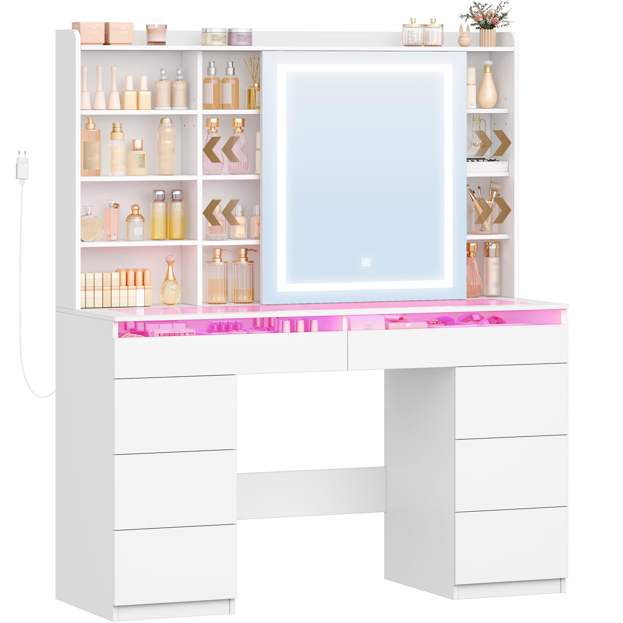 Hzuaneri Große Schminktisch, Schminktisch mit Verstellbaren RGB-Beleuchtung und Glasplatte, Schminktische mit Große Spiegel, 8 Schubladen und 9 Offenen Fächern, Schlafzimmer, Weiß, 1180203XEU