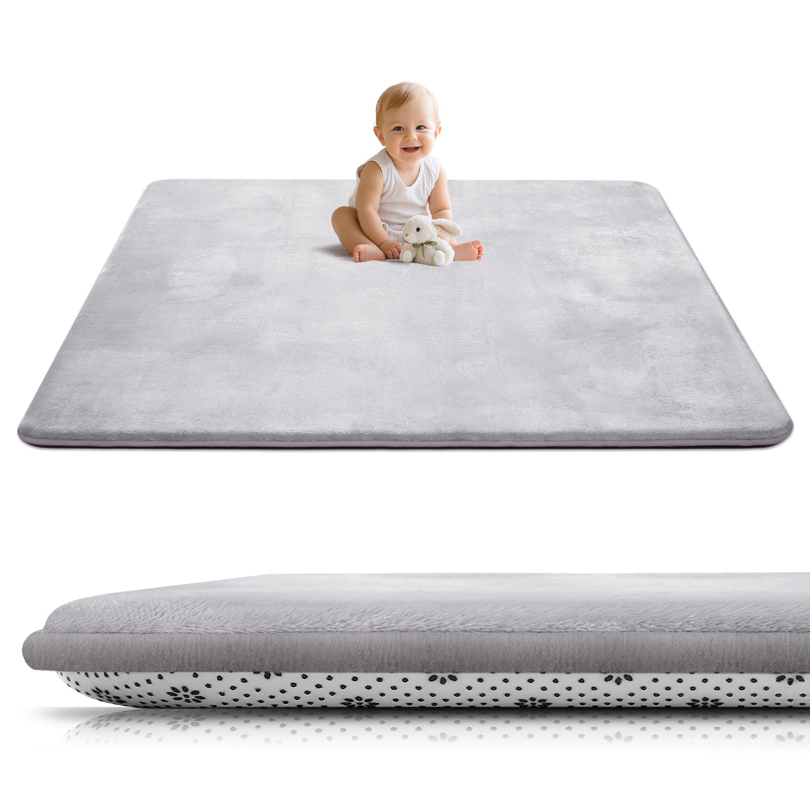Alfombra para gatear para bebé, 150 x 180 cm, espuma de 3 cm de grosor, alfombra de juego ultra suave y tacto de felpa, para habitación infantil, fácil de limpiar, con base antideslizante