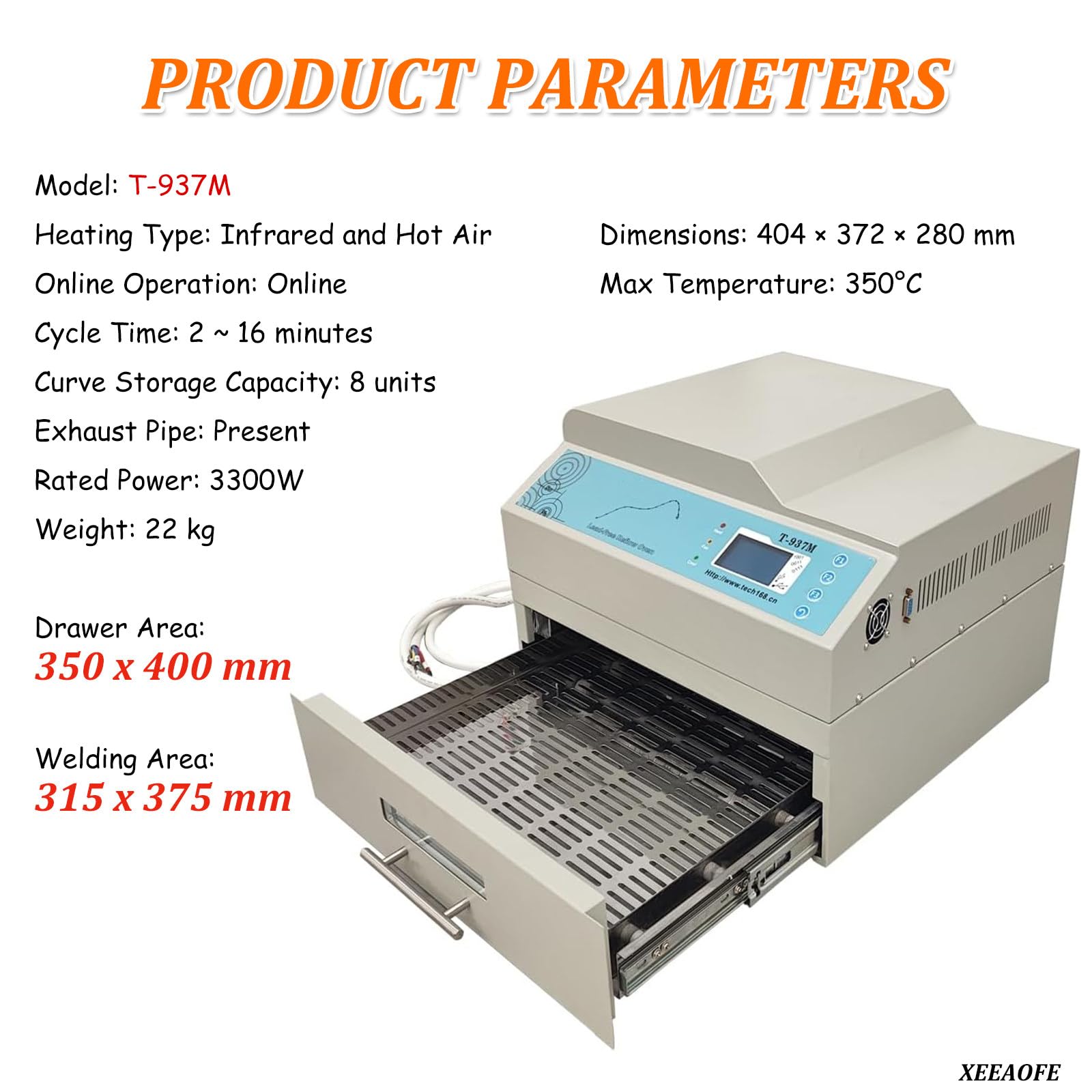 Piec do lutowania T937 2300/3300 W z mikrokomputerowym sterowaniem, maszyna do lutowania na fali z obszarem lutowania 11,8×12,2 cala (12,4×14,8 cala) (T937m)