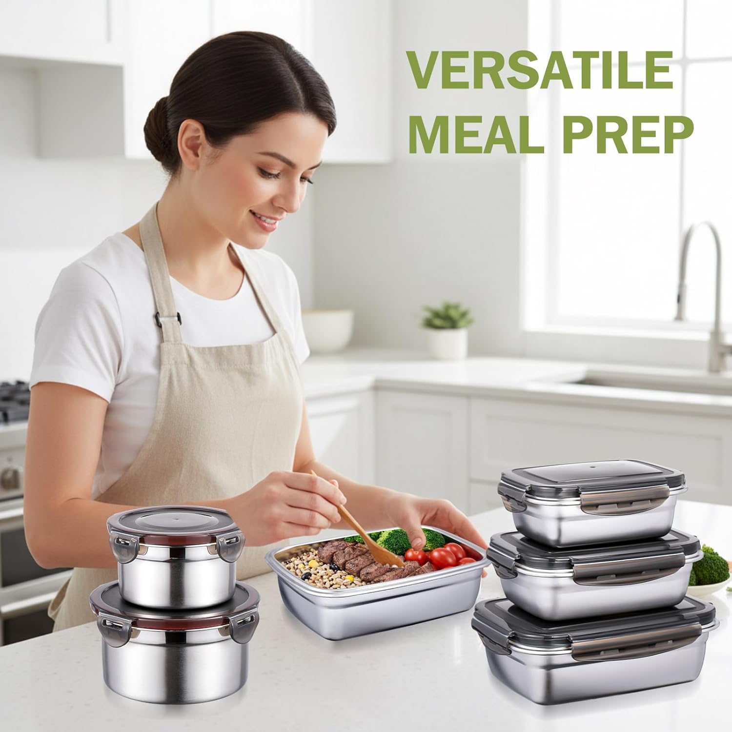 8 Pcs 304 Stainless Steel Food Storage Containers with Lids Leakproof, Reusable Airtight Meal Preparation Container Round and Square Stackable Food Container for Kitchen Picnic(Black Lids) - Image 3