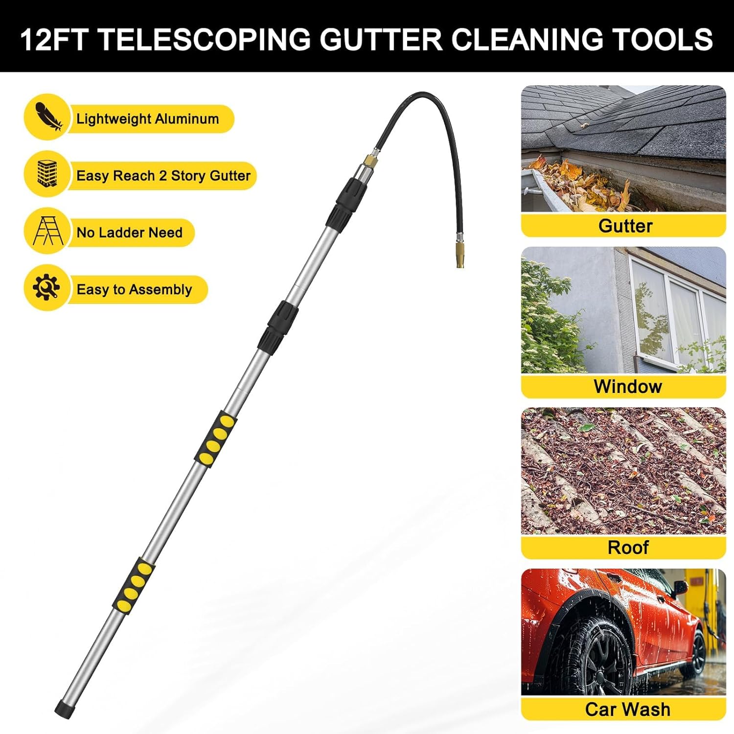 SISUPASSIE 20FT Reach Gutter Cleaning Tools from Ground, Telescopic Rain Gutter Cleaners Tool with Quick Connect Adapter and Bendable Wand for 2nd Story House - Image 2