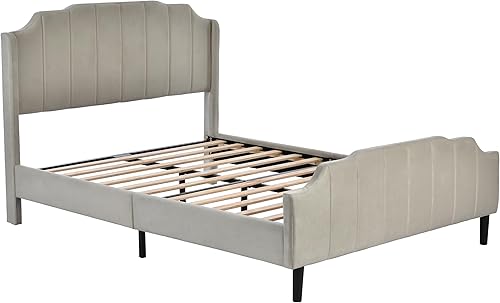 Miniatura 5 de Cama de plataforma tapizada, base de cama de madera tamaño Queen con cabecero y estribo de estilo a rayas verticales, muebles de dormitorio para