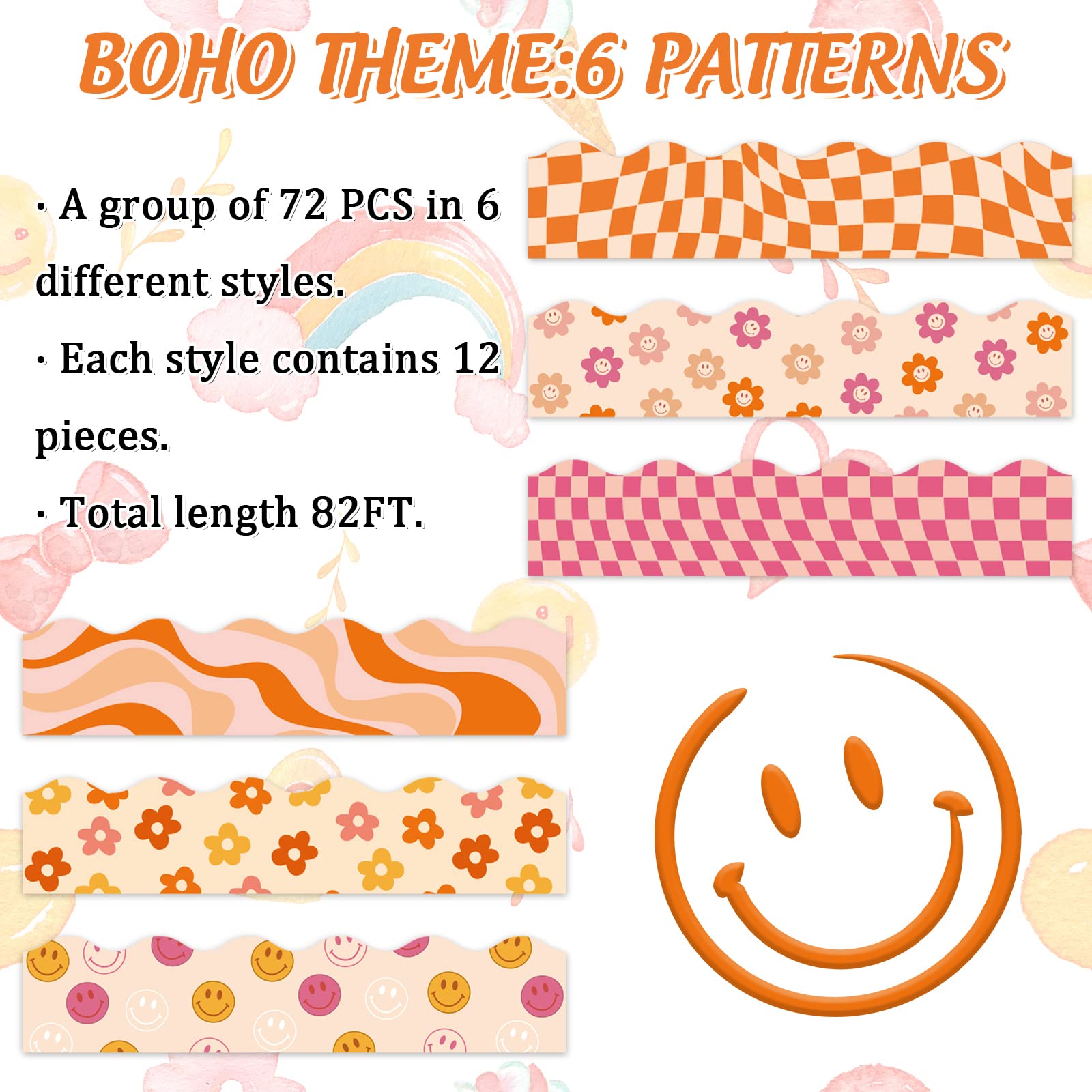 60 Stück Retro-Pinnwand-Bordüren – Boho-Design Mit Gänseblümchen, Karos & Smileys, Ca. 34,5x7 Cm, Inkl. Klebepunkte