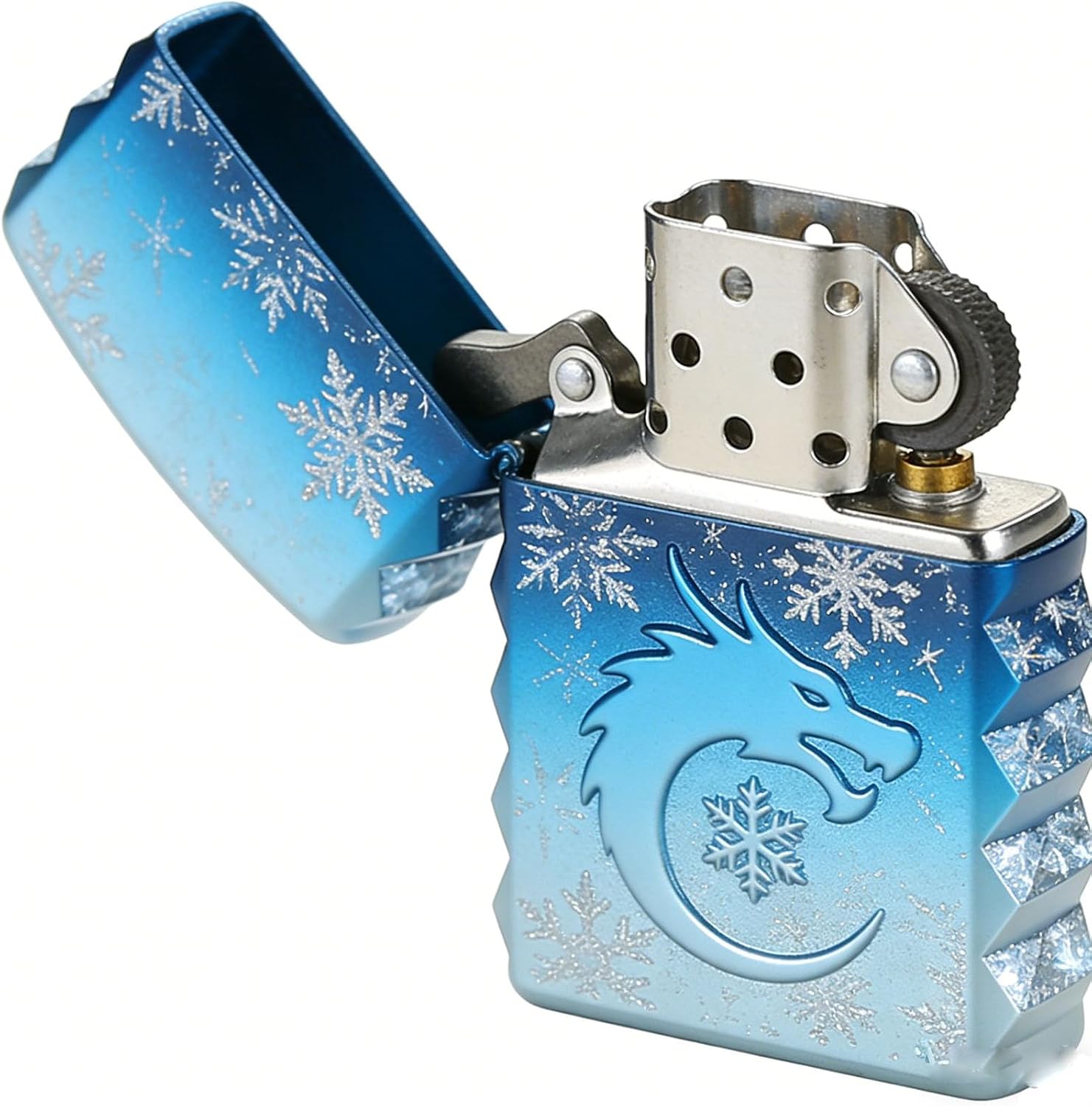 Dragon Snowflake Carved Kerosene Lighter Wheel Grinding Windproof Flip Top Reusable Candle Lighter for Daily Outdoor Use (A)