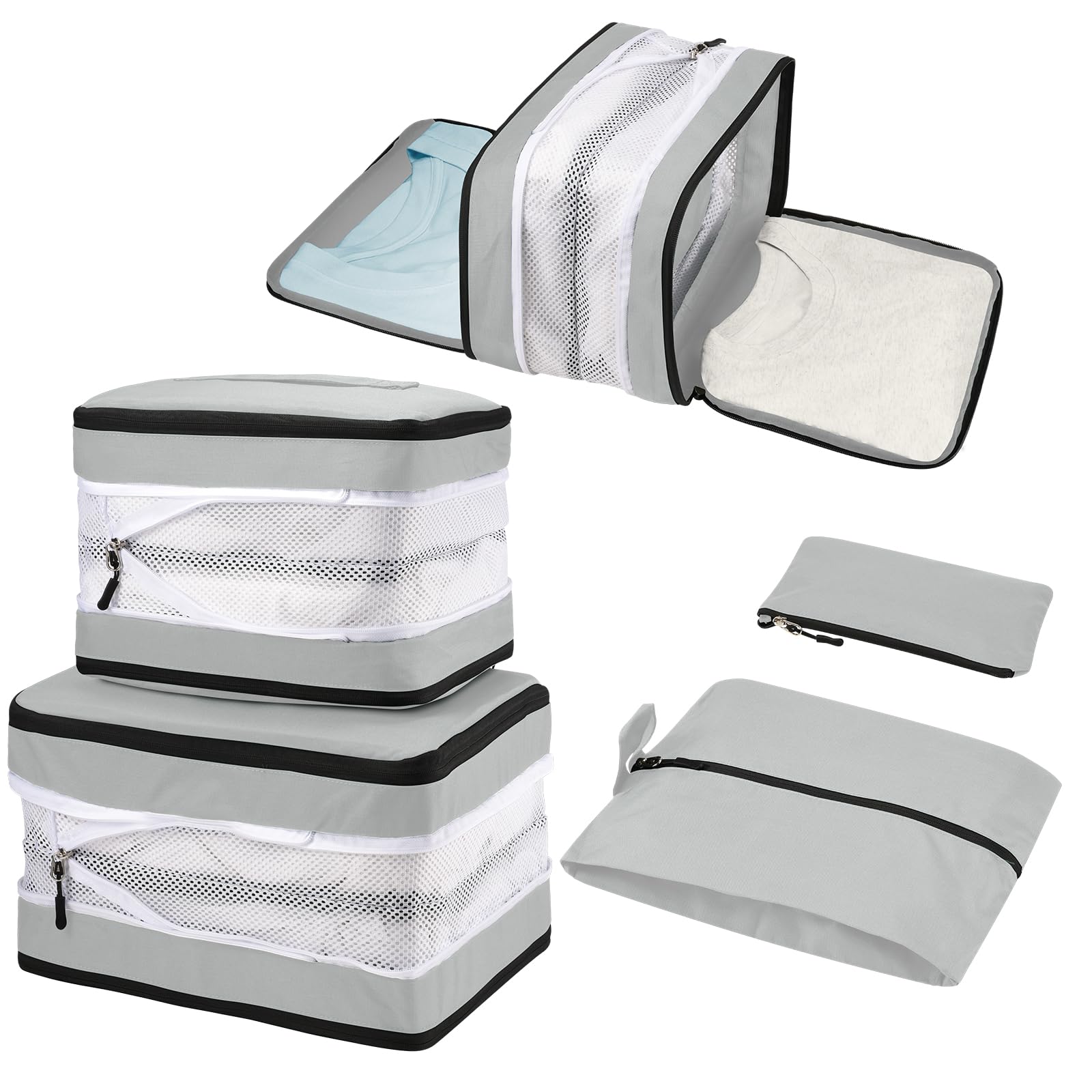 Tutushop Beige 5 Set Compression Packing Cubes For Suitcases, Travel Organiser For Carry On Hand Luggage Newest Double Sided Expandable Packing Bags With Shoes Bag (Beige)