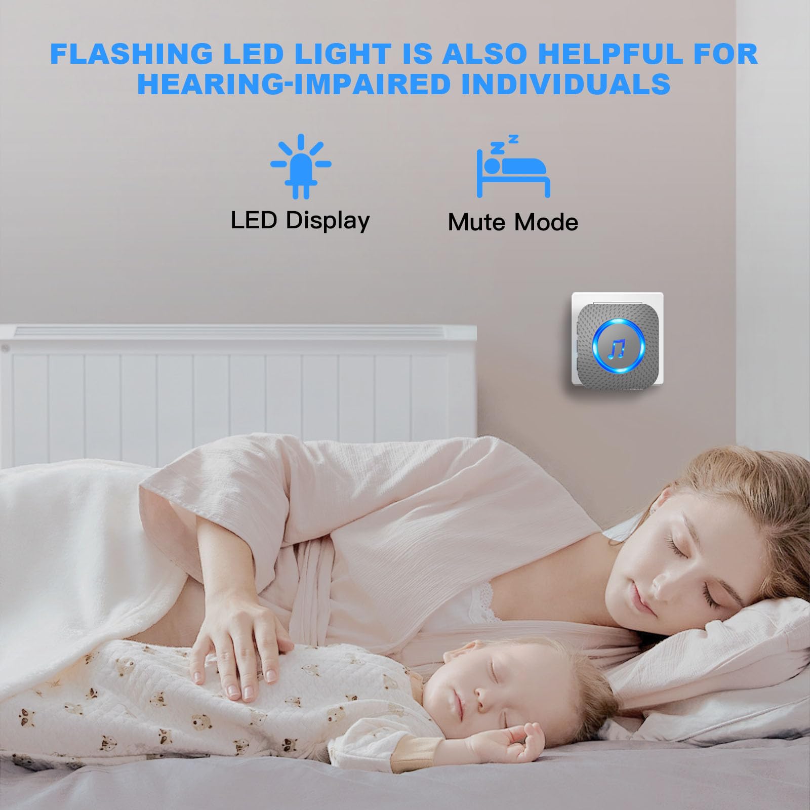 SURFOU Sonnette de porte électrique sans fil étanche avec récepteur enfichable, fonctionne à piles à 0,4 m de long avec 55 mélodies, 5 volumes, flash LED, noir