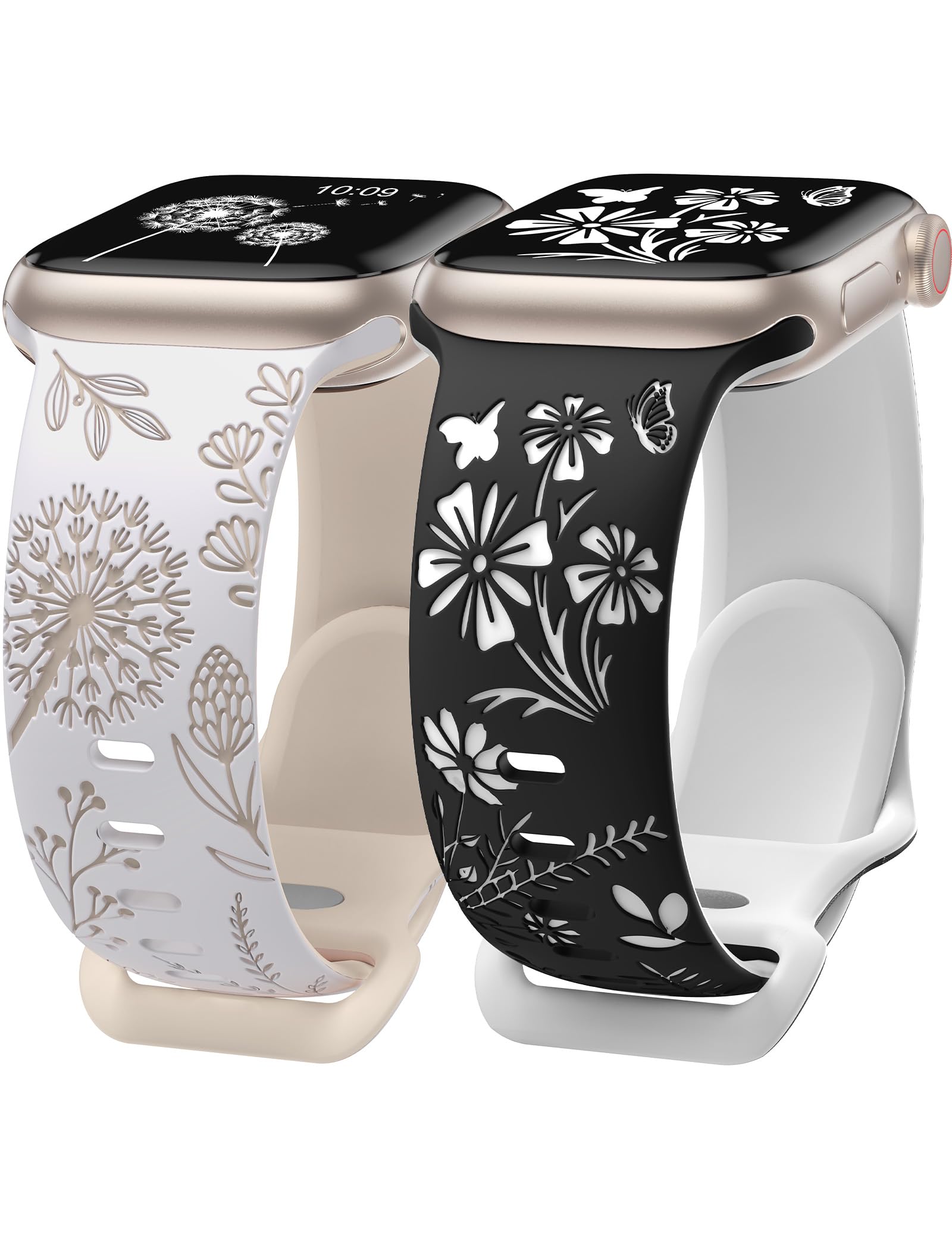 Wearlizer 2 Pack Floral Engraved Band Compatible with Apple Watch Bands 41mm 40mm 38mm Women, Cute Two-Tone Flower Soft Silicone Sport Strap for iWatch 9 8 7 6 5 4 3 2 1 SE Ultra 2-Variation 2