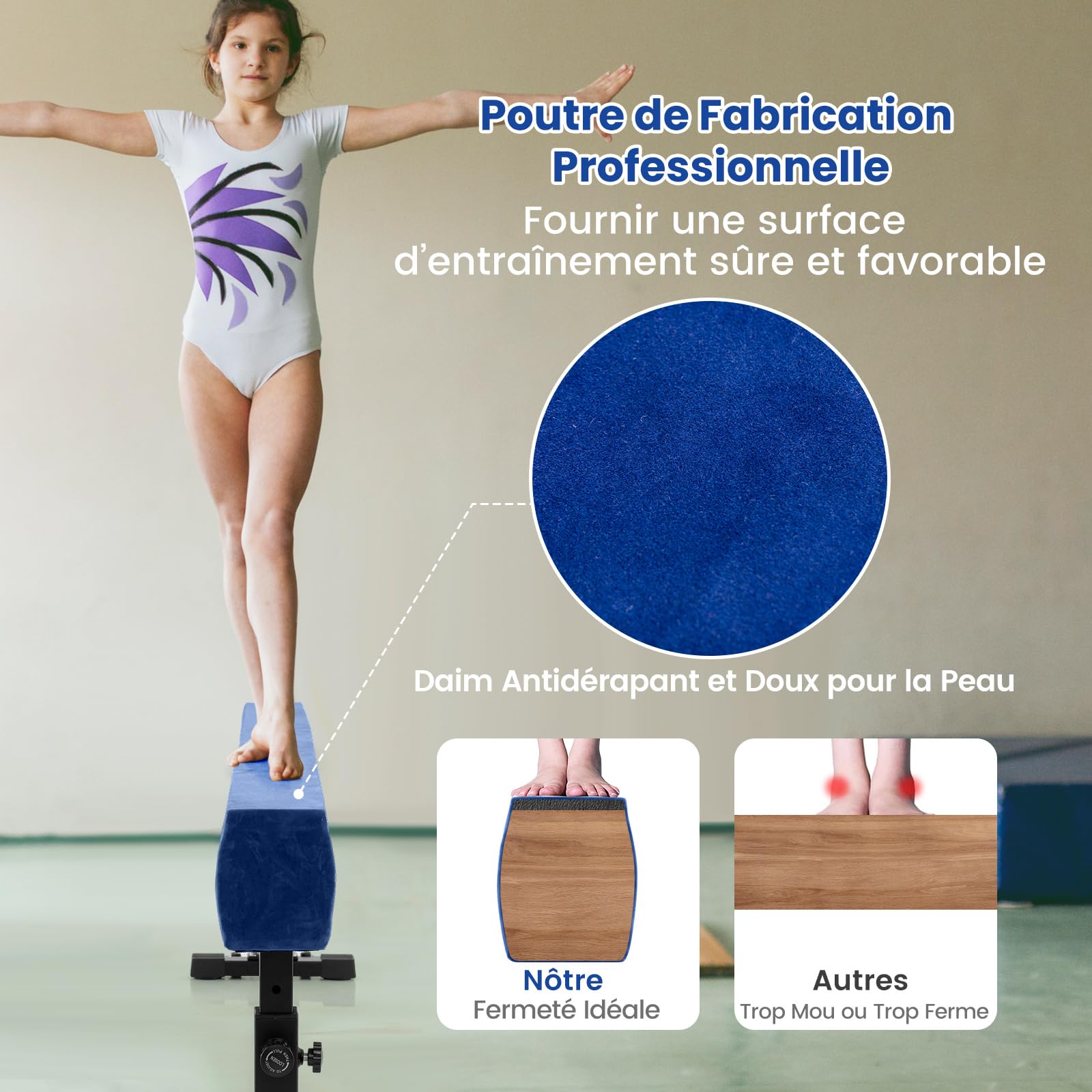 COSTWAY Poutre de Gymnastique de 226 cm, Barre de Gymnastique Hauteur Réglable à 3 Niveaux avec Pieds et Roues en Métal, Équipement d'Entraînement à Domicile pour Enfants Gymnastes