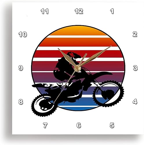 3dRose Wall Clock Silent - 15 inch - Motor X Silhouette Dirt Bike Against Retro Sunset - Vector Art - Motocross