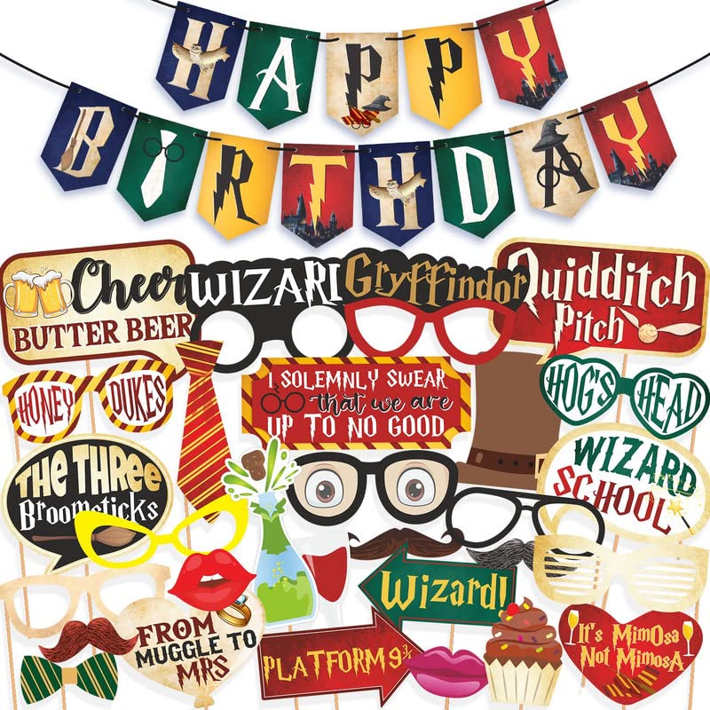 WOBBOX Happy Birthday Red Color Harry Pottor Theme Photo Booth Props with Harry Pottor Theme Bunting Banner, Birthday Decoration