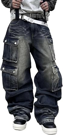 DFGIGT Mens Goth Baggy Cargo Jeans with Pockets Steampunk Patchwork Embroidery Wide Leg Denim Pants