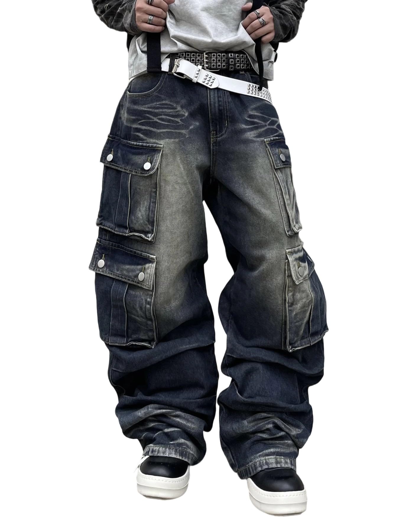 DFGIGT Mens Goth Baggy Cargo Jeans Steampunk Patchwork Wide Leg