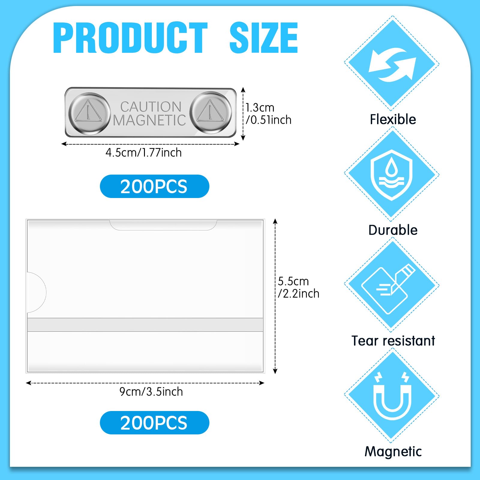 Faccito 200 Pcs Badges Nominatifs Magnétiques 9 x 5,5 cm Étiquette d'Identification Magnétique Badges de Nom en PVC Horizontale Porte-Noms avec Aimant pour Travail Conférence École Collège