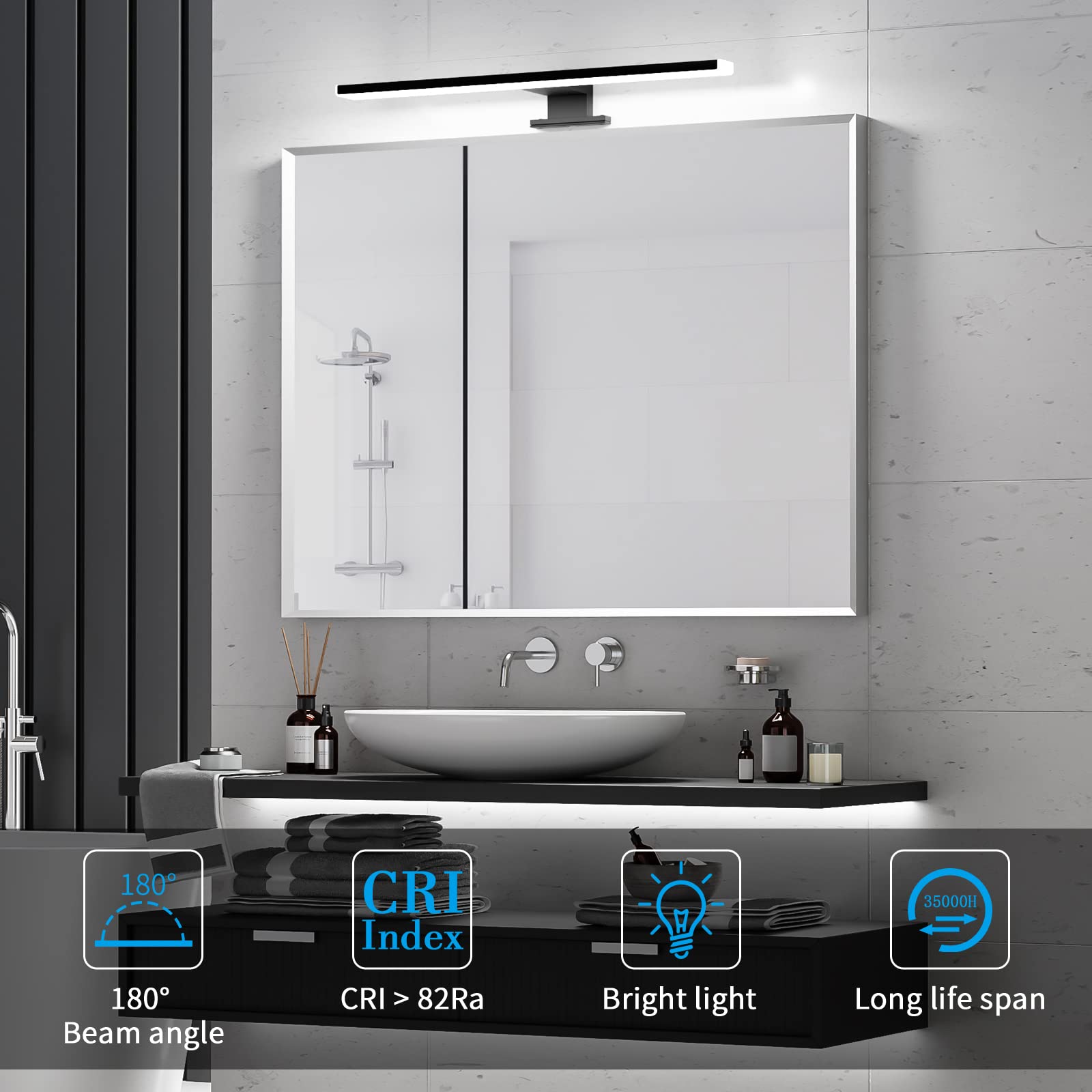 Aourow Lampada Specchio Bagno 5W,300mm 500lm Luce Bagno LED,Bianco Freddo 6500K e Resistente all'acqua IP44 Luci Specchio CLASSE II per Armadietto a Specchio(Nero)