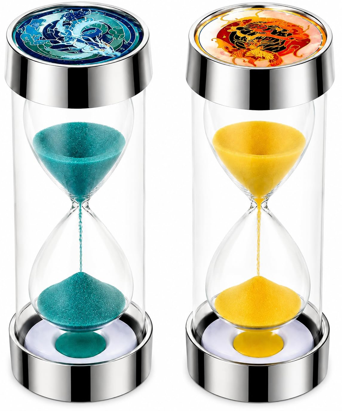 Dragon & Tiger 15 Minute Hourglass Set of 2 – Decorative Sand Timers with Blue & Gold Coloured Sand, Chrome-Finish 17cm Desk Ornaments for Home Office, Study, Mindful Breaks & Gifts