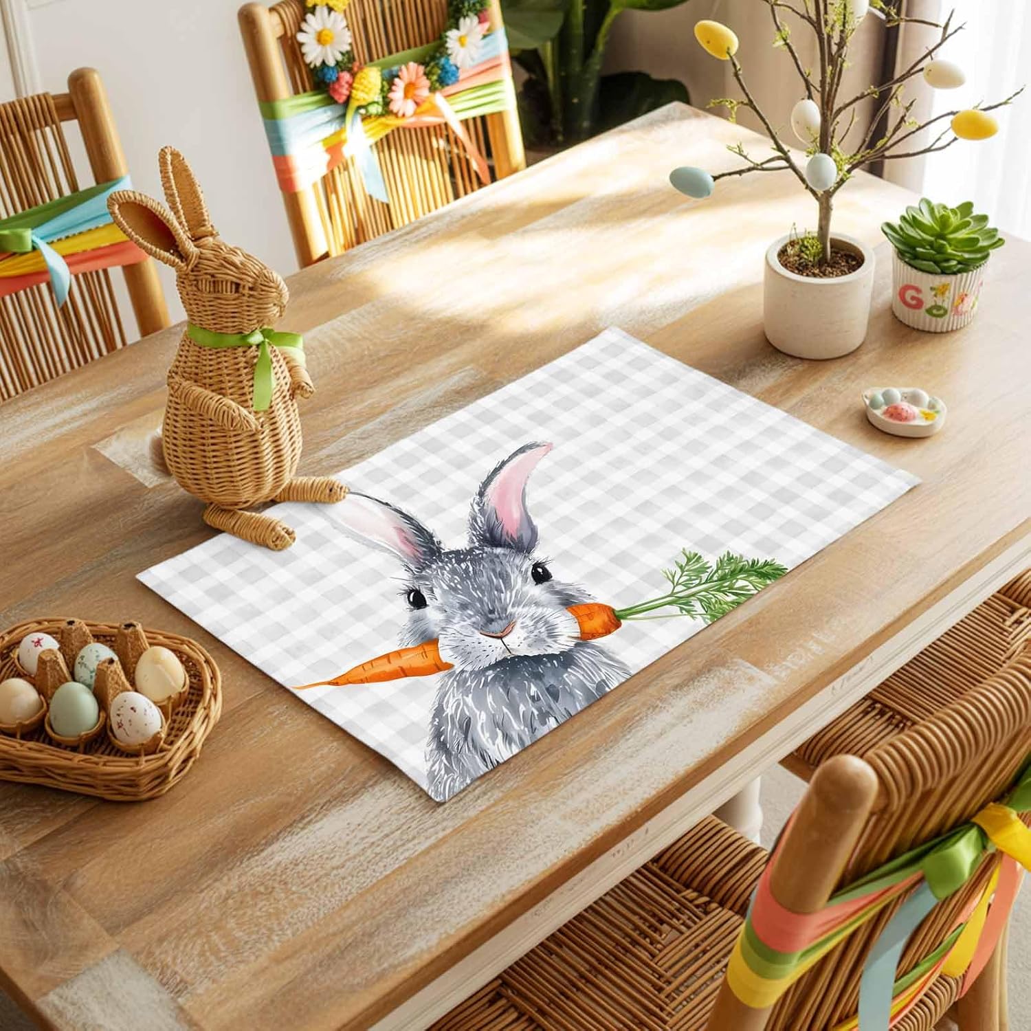 Easter Placemats Bunny Rabbit Carrot Place Mats for Dining Room Dinner Table Gray Buffalo Plaid Washable Table Mats Spring Easter Day Kitchen Decorations Set of 4