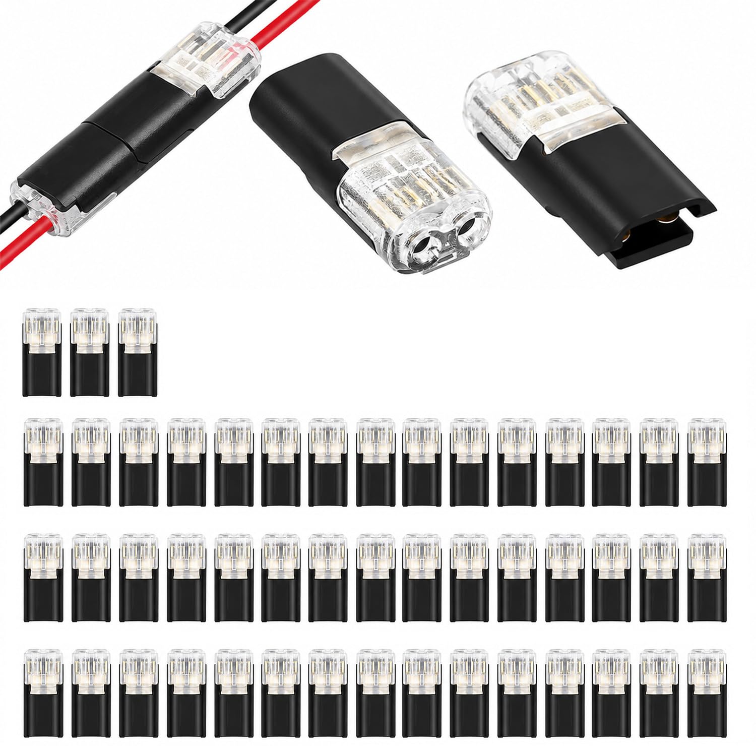 50 pcs 2 pin electrical wire connectors, quick wire connector with locking buckle, double wire plug terminals for car wiring, led strip lights, home electrical projects, diy cable joining & repairs