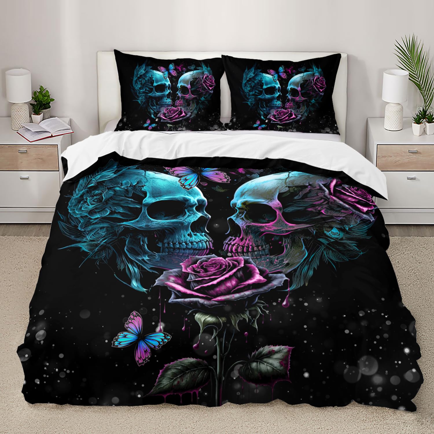 AILONEN Sugar Skull Duvet Cover Set Queen Size, 3D Rose Couple Bedding Set, Romantic Flower Comforter Cover Set 3 Pieces, 1 Quilt Cover and 2 Pillowcases (No Comforter)