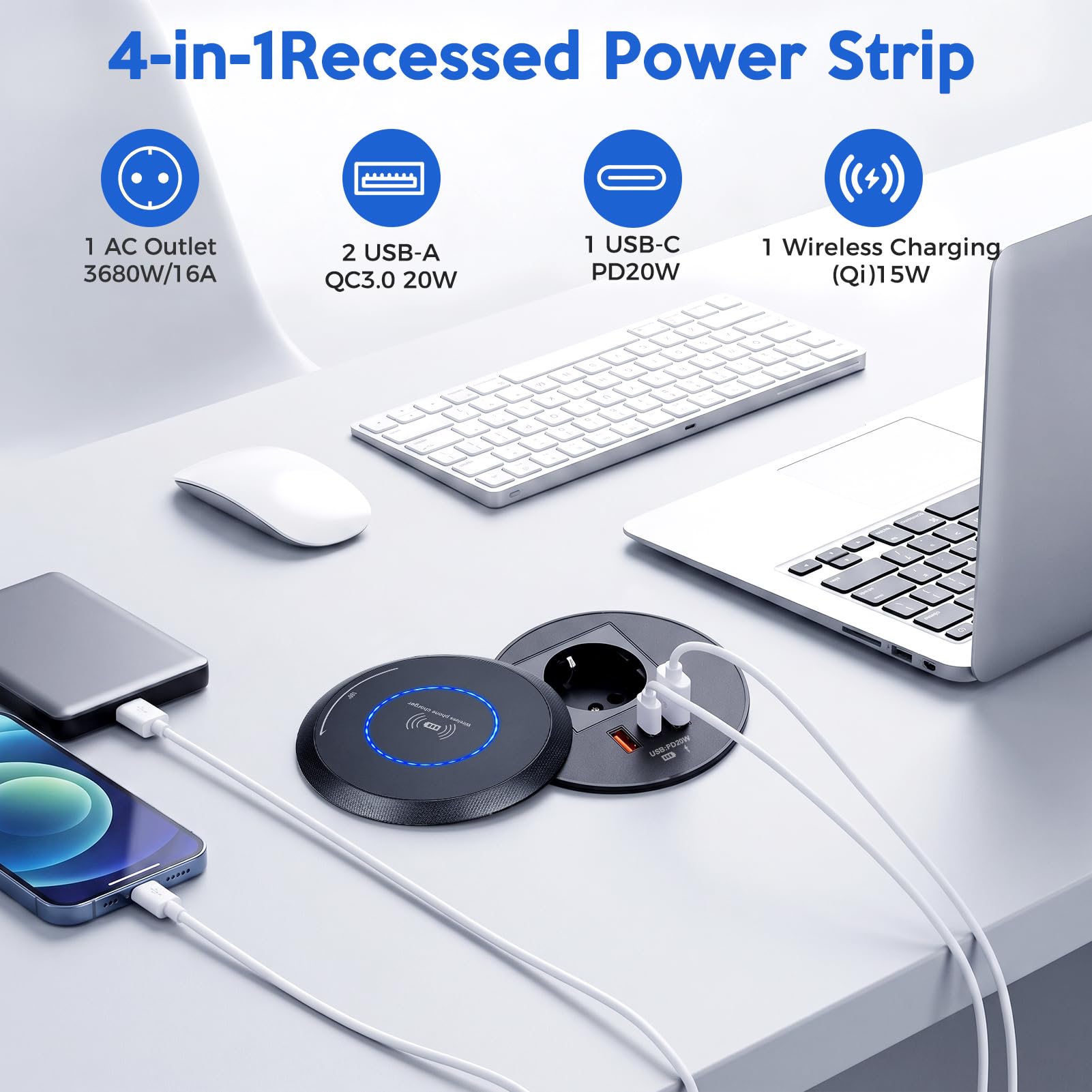 Gniazdo wtykowe do zabudowy z USB-C PD 20 W/15 W Qi ładowanie / 1,8 m do kuchni, na biurko