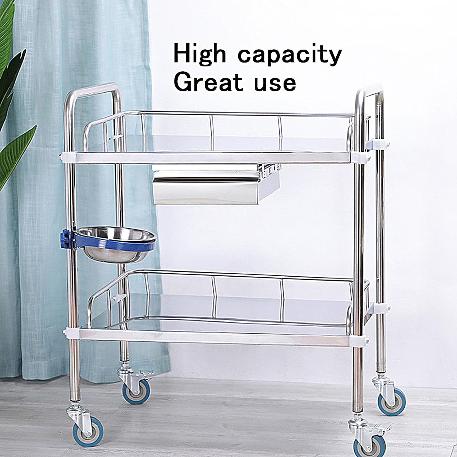 Trolley Stainless Steel Storage Cart with Drawer for Lab Clinic Kitchen Salon 3 Layers 360° Silent Wheels Easy Assembly