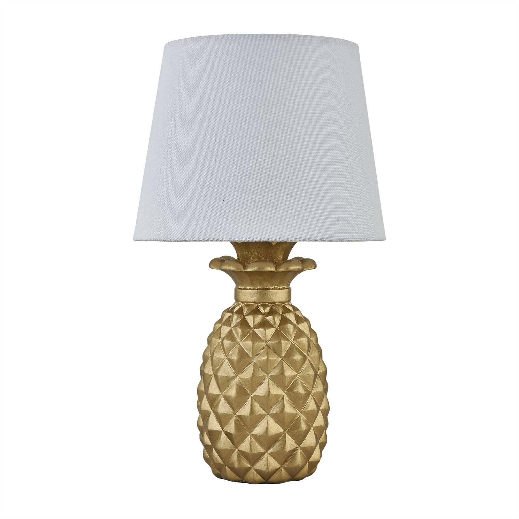 firstchoicelighting Gold Pineapple Table Lamp or Bedside Light with White Fabric Shade, Resin Base, Height 40cm, LED Compatible