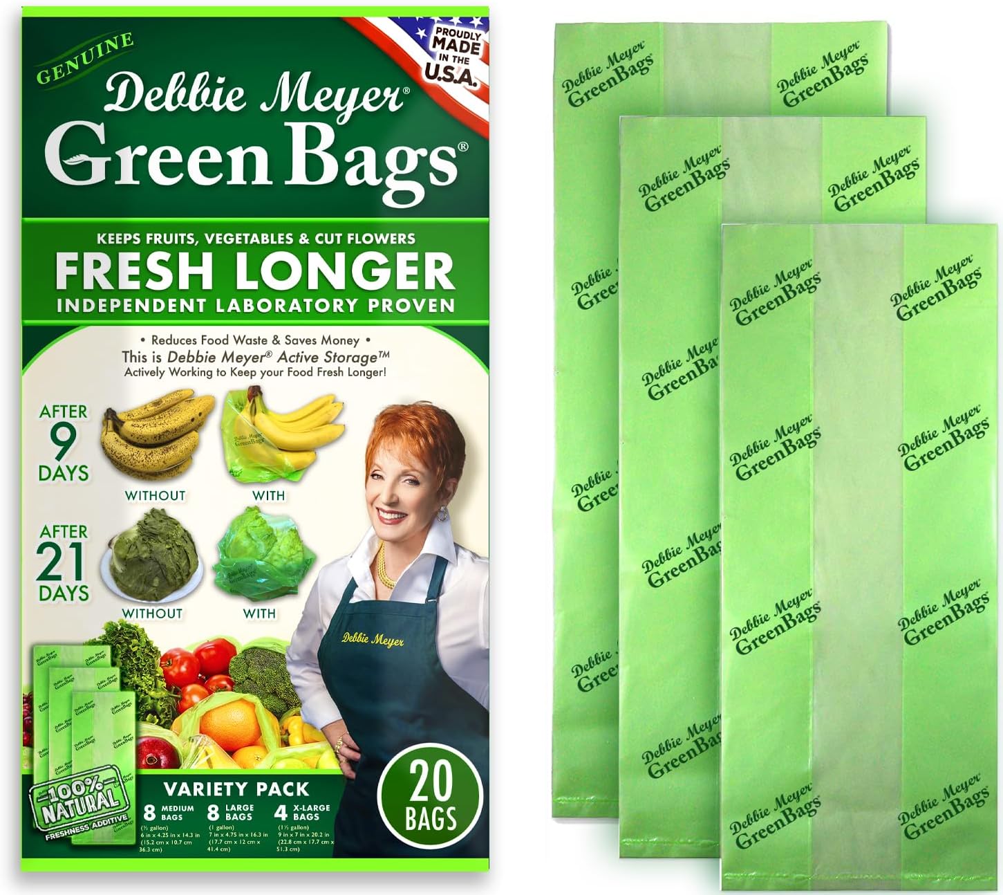 Debbie Meyer GreenBags, 20-Pack (8M, 8L, 4XL), Reusable Food Storage Bags
