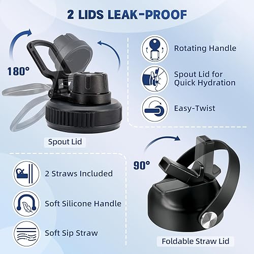 Miniatura 4 de Botella de agua aislada, botellas de agua de boca ancha de acero inoxidable de 32 onzas con 2 tapas a prueba de fugas y mango de paracaídas, botella