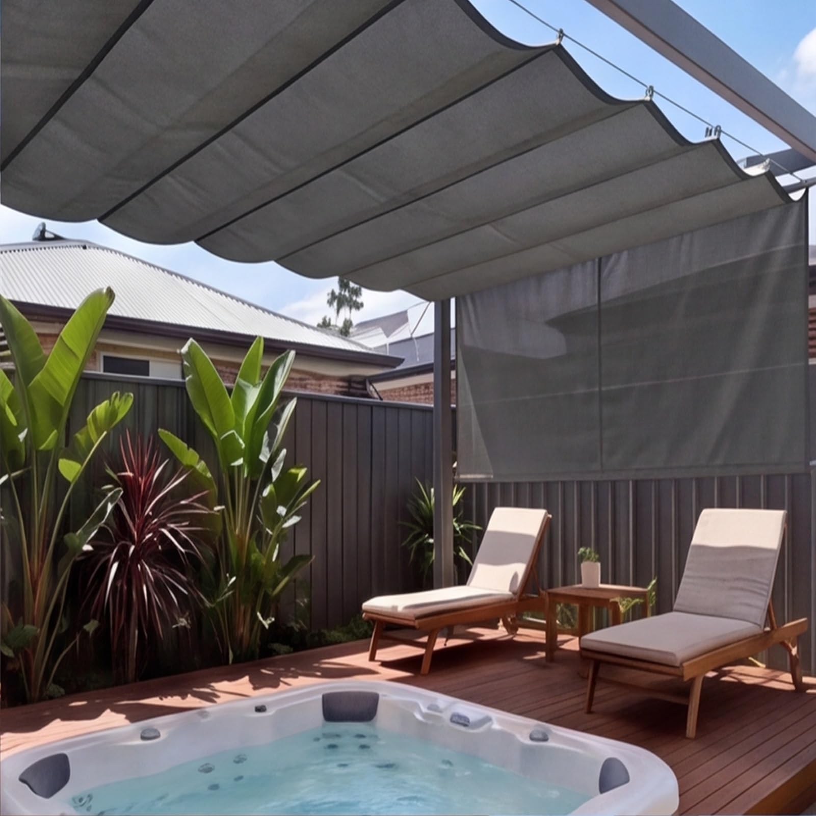 Ausziehbares Wellen-Sonnensegel 1.7 x 3.7 m mit Ösen Und Kordel Wellenmarkise Verstellbar Schutz Uv-Schutz & Reißfest Sonnenschutz für Terrasse, Pergola, Garten, Dunkelgrau