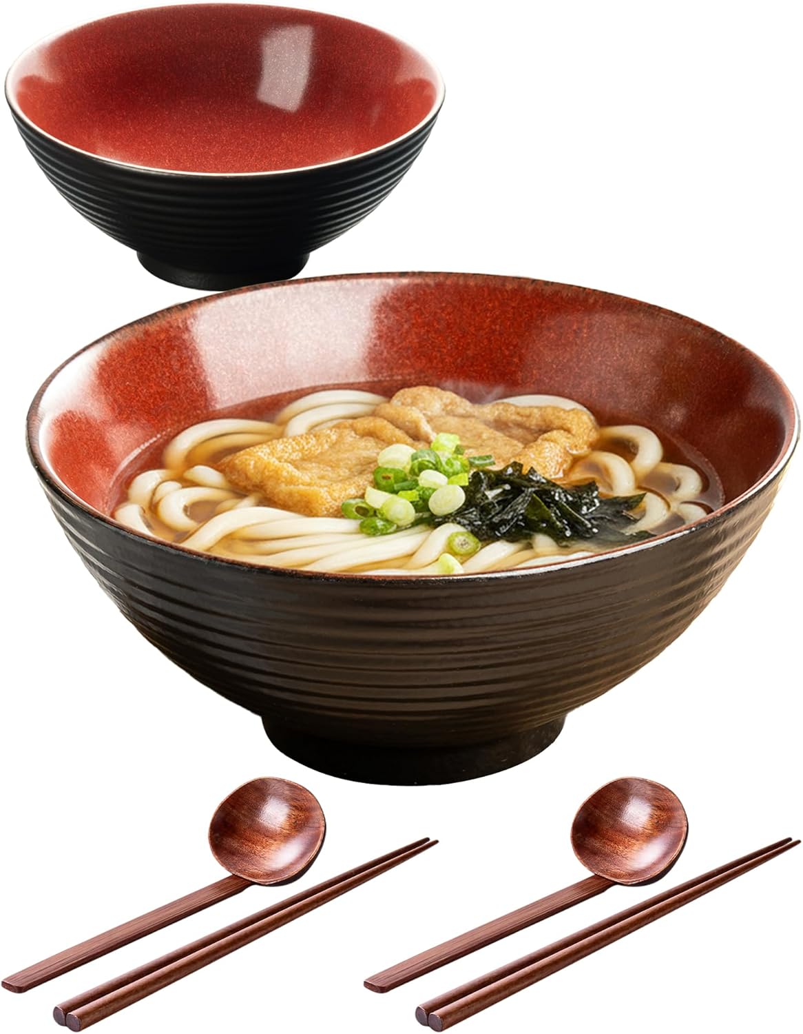 8 Inch 40oz Large Japanese Ramen Bowl Set of 2,Material Safety Ceramic Ramen Bowls with Matching Chopsticks and Spoons, Pho Bowls Ramen Noodle Bowl for Asian Udon Soup Salad Cereal(Green)
