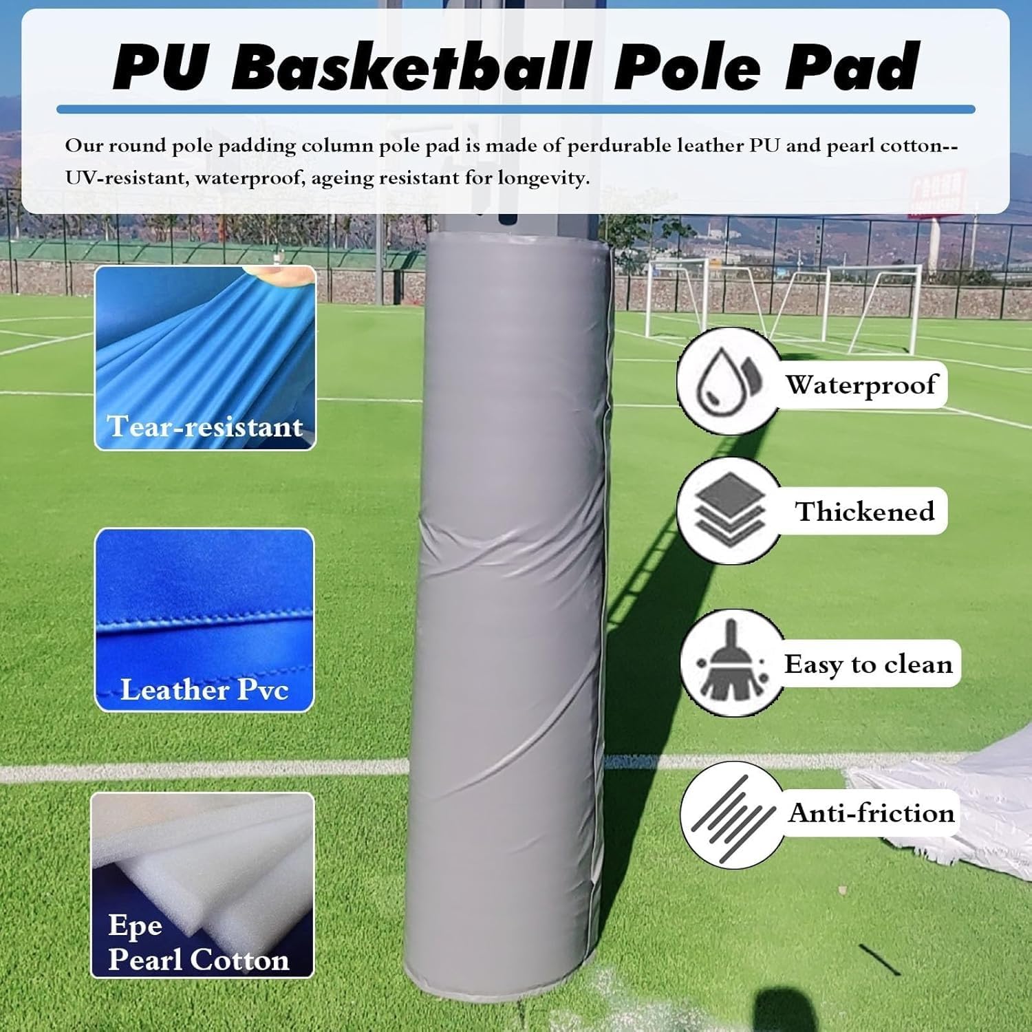 Heavy Duty All-Weather Basketball Pole Padding Wrap, PU Leather Waterproof Play Ground Post Pads for Round Football Volleyball Rods & Garage Basement Columnar(H 90cm Dia 114mm (4 1/2in))