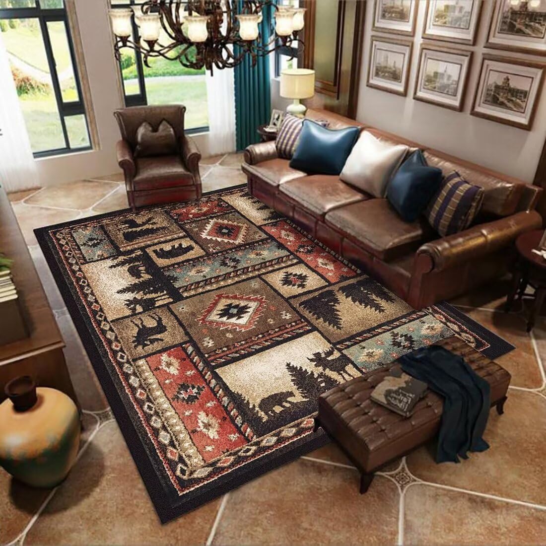 Qmkmyy Black Forest Bear Deer Patchwork Area Rugs Lodge Cabin Rustic Carpets Low Pile Bohemian Rug Floor Mats for Living Room Bedroom,3'x5'