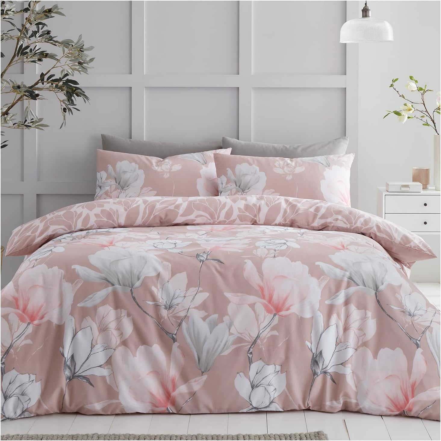 GC GAVENO CAVAILIALuxury Magnolia Duvet Cover, Dramatic Botanical Bedding Set, Reversible Quilt Cover Set With Matching Pillowcases, King Size, Blush Pink, 3 Pieces