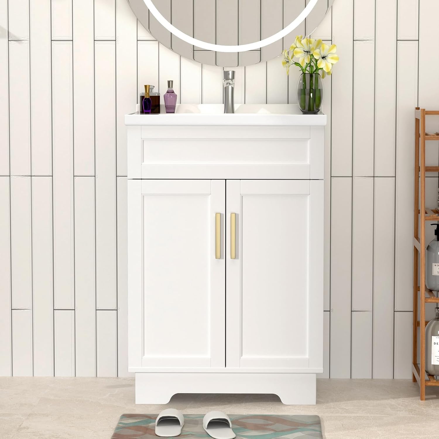 Ymise Bathroom Vanity with Sink, 24-Inch Bathroom Vanities Cabinet with Large Storage Space, Wooden Bathroom Sink Cabinet, White