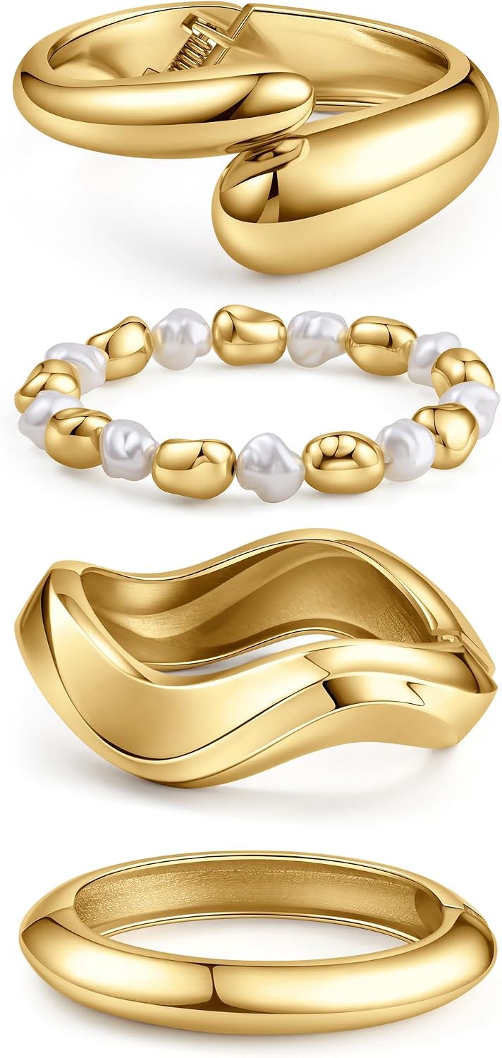 MOZAKA 4PCS Chunky Gold Bangle Bracelets for Women Trendy Wide Wrist Cuff Bracelets Stack Statement Bangle Fashion Jewelry Gift