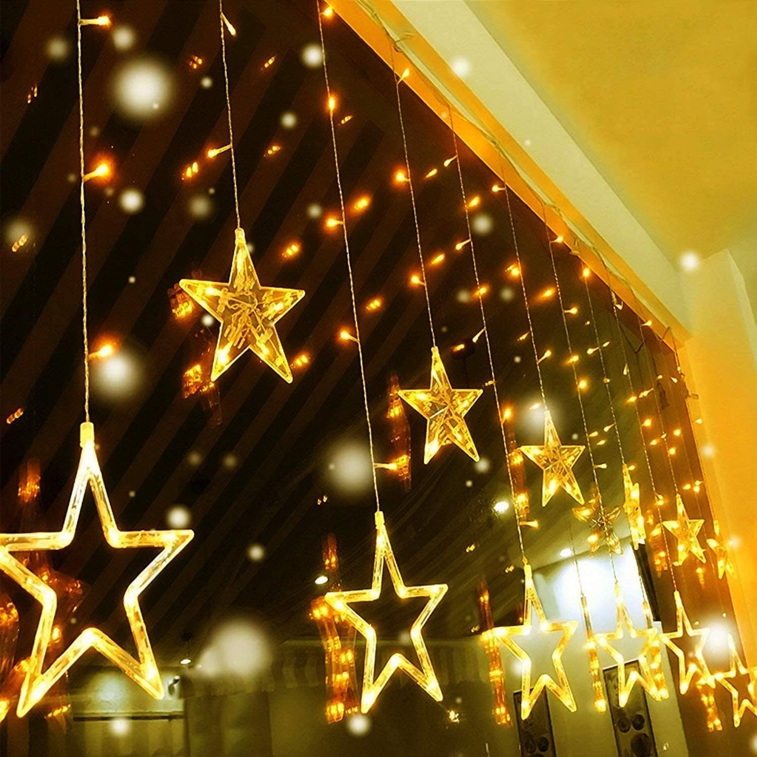 Christmas Star Window Lights Mains Powered Warm White 2M 138LED 12 Star Christmas Curtain Lights Connectable Icicle Fairy Lights Indoor Outdoor Decoration for Home Bedroom Garden Party Wedding