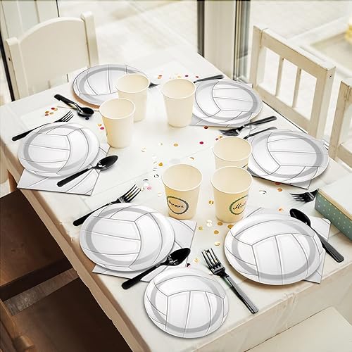 Miniatura 6 de Wiooffen 96 piezas de voleibol suministros de fiesta de cumpleaños platos de papel deportivo, servilletas juego de vajilla desechable, kit de