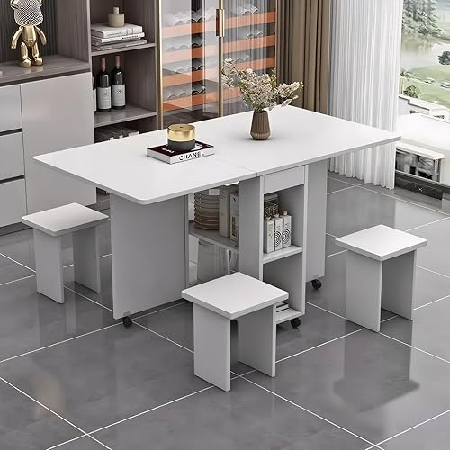 Miniatura 3 de LUMISOL Juego de mesa de comedor plegable para 4, juego de mesa de cocina con 4 sillas, almacenamiento y 6 ruedas, juegos de comedor que ahorran
