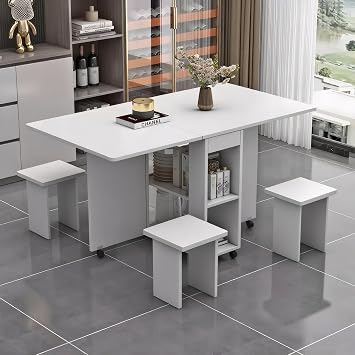 Folding Dining Table Set of 4 with 4 Chairs & 6 Wheels, Space Saving Drop Leaf Table with 2-Tier Storage for Kitchen, Dining Room, Compact Desk/Console, Easy Assembly White