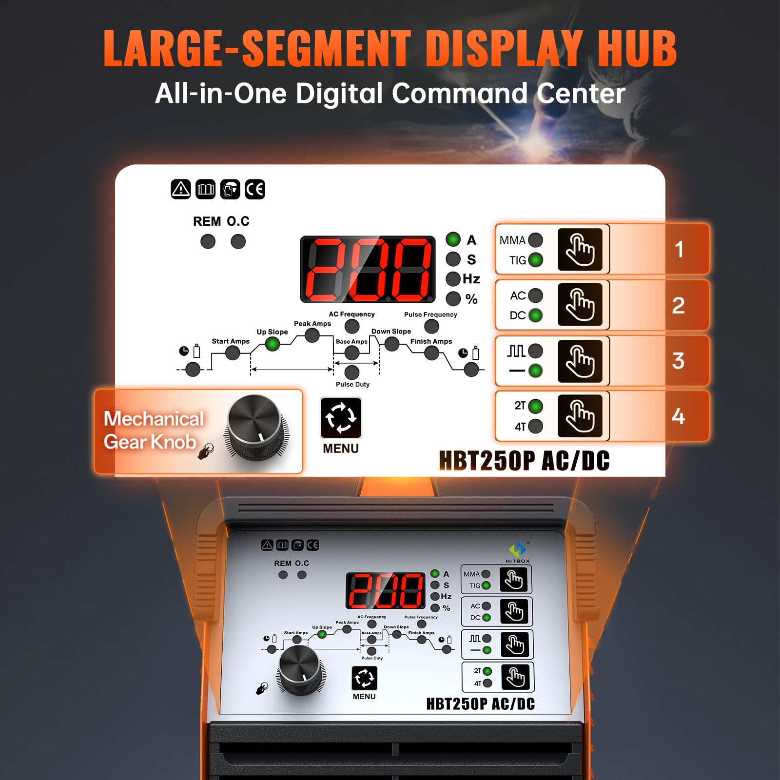HITBOX Saldatrice TIG 6 in 1 AC/DC, 200 A, funzione pulsata, tecnologia inverter IGBT, controllo digitale 2T/4T, nuova versione per alluminio, acciaio inox e acciaio (HBT250P AC/DC)