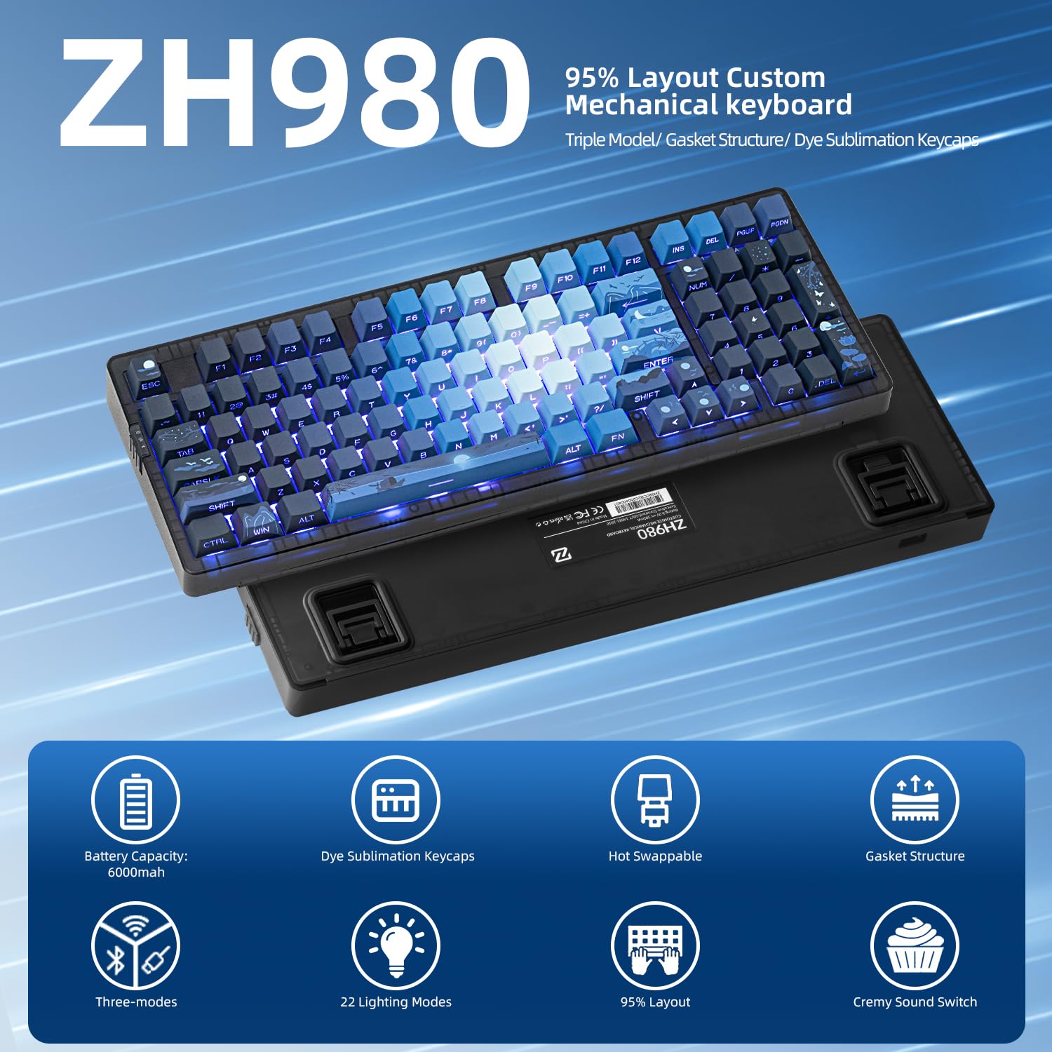 ZORNHER ZH980 Wireless Mechanical Keyboard - 95% Blauer Creamy Key mit Nummernblock - Dettaglio