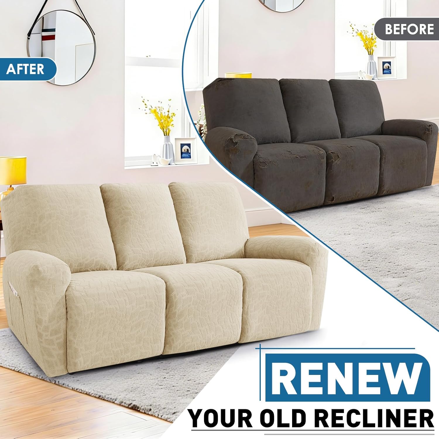 MAXIJIN Waterproof Recliner Sofa Covers 5 Pieces Stretch Recliner Couch Cover for Reclining Couch Slipcovers 3 Seater Furniture Protector with Elastic Bottom for Dogs Cats, Khaki