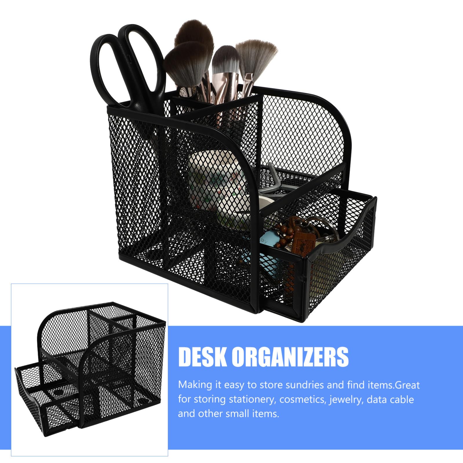 NUOBESTY 2 Pezzi Organizzatore Scrivania con Cassetto Metallo Nero Penne e Forniture Ufficio per Casa e Studio Supporto con Separate per Desktop Ordinato