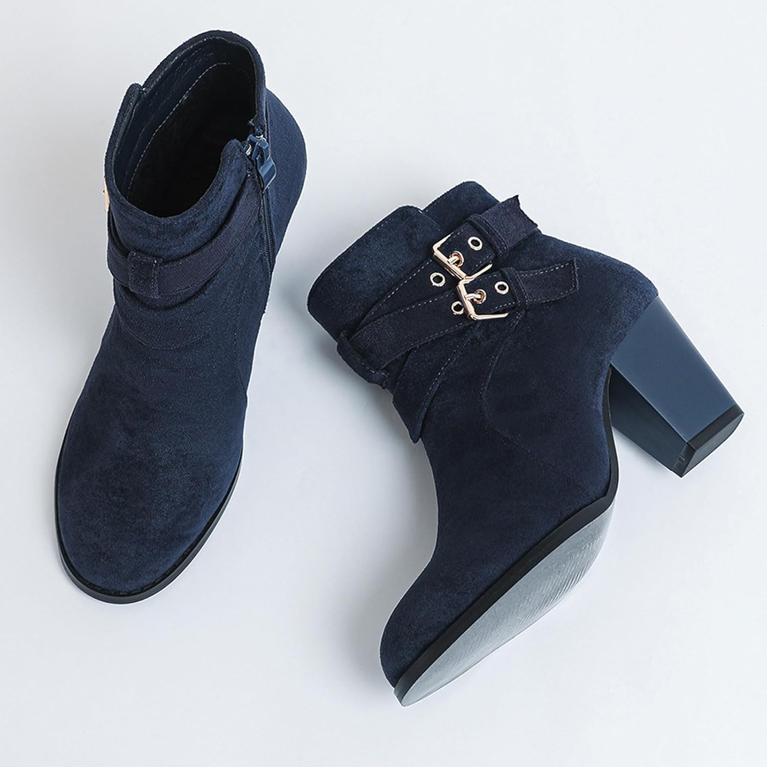 Women's Chunky Heel Suede Ankle Boots With Adjustable Double Buckle Classic Round Toe Side Zip Block Stacked Heel Fall Short Booties