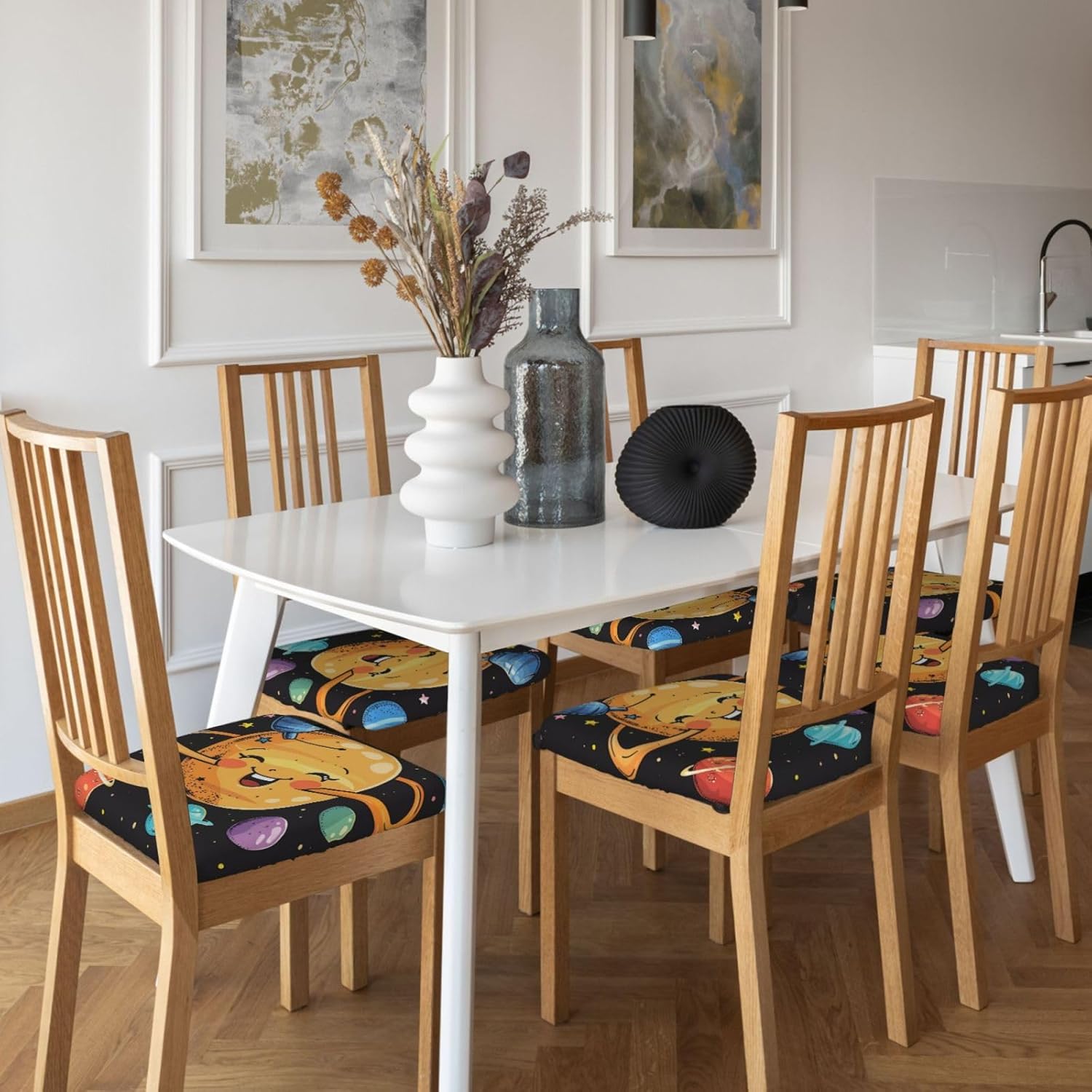 Cute Planet Print Square Cushion Covers 6 Pcs Set Elastic Non-Slip Seat Cushion Slipcovers Pet Furniture Protectors for Chair, Sofa