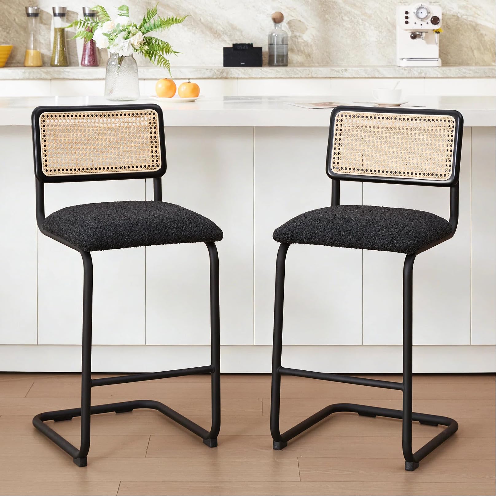 Zesthouse Natural Rattan Counter Stools Set of 2, 26'' Mid Century Modern Counter Height Barstools with Solid Wood Back & Cane Mesh, Upholstered Black