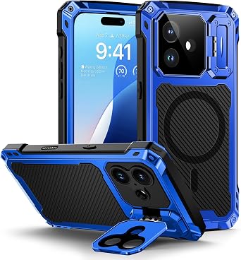 Lanhiem for iPhone 16 Plus Metal Case with Camera Cover & Stand [Compatible with MagSafe] [Built-in Kickstand] [Military-Grade Protection] Heavy Duty Rugged Magnetic Phone Case, Blue