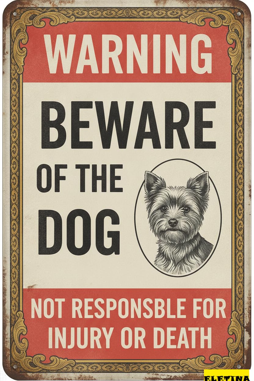 Tin Sign for Man Cave Beware Of Dog Yorkie Warning Aluminum Metal Tin S Outdoor Yard Warning Fence Yard Home Kitchen Farm Garden Wall Decor 8x12 Inch Private Property Decorative