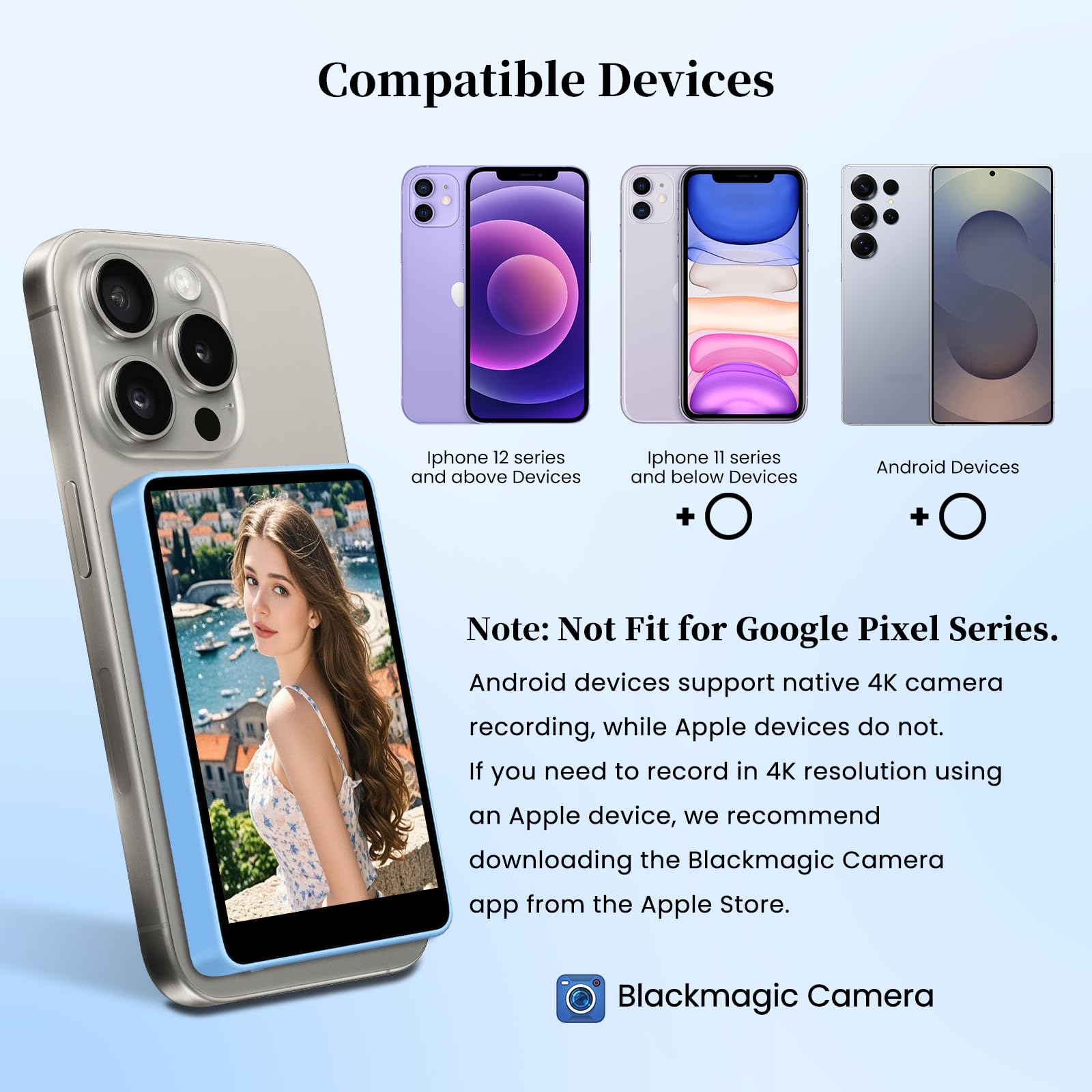 Écran de Moniteur Selfie pour Téléphone, 3 Niveaux de Luminosité, Télécommande Bluetooth 4K 60 fps, écran de Caméra Arrière pour Selfie/Vlog/LiveStream TK, Compatible avec iPhone et Android (Bleu)