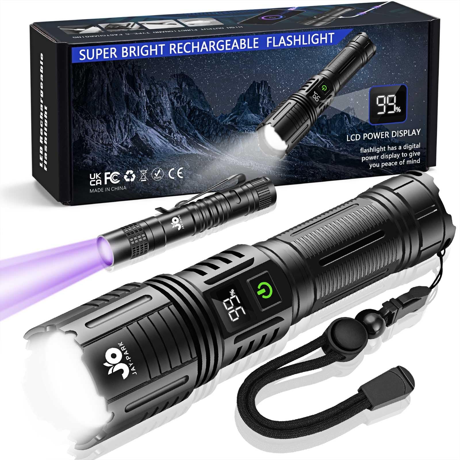JAY-PARK Torcia LED Potente Professionale, 500000 Lumens Torcia LED Ricaricabile Potente, Tattica Torcia 5 Modalità Di Luce Con, Torcia LED Potente Da Campeggio, Portare A Spasso Un Cane