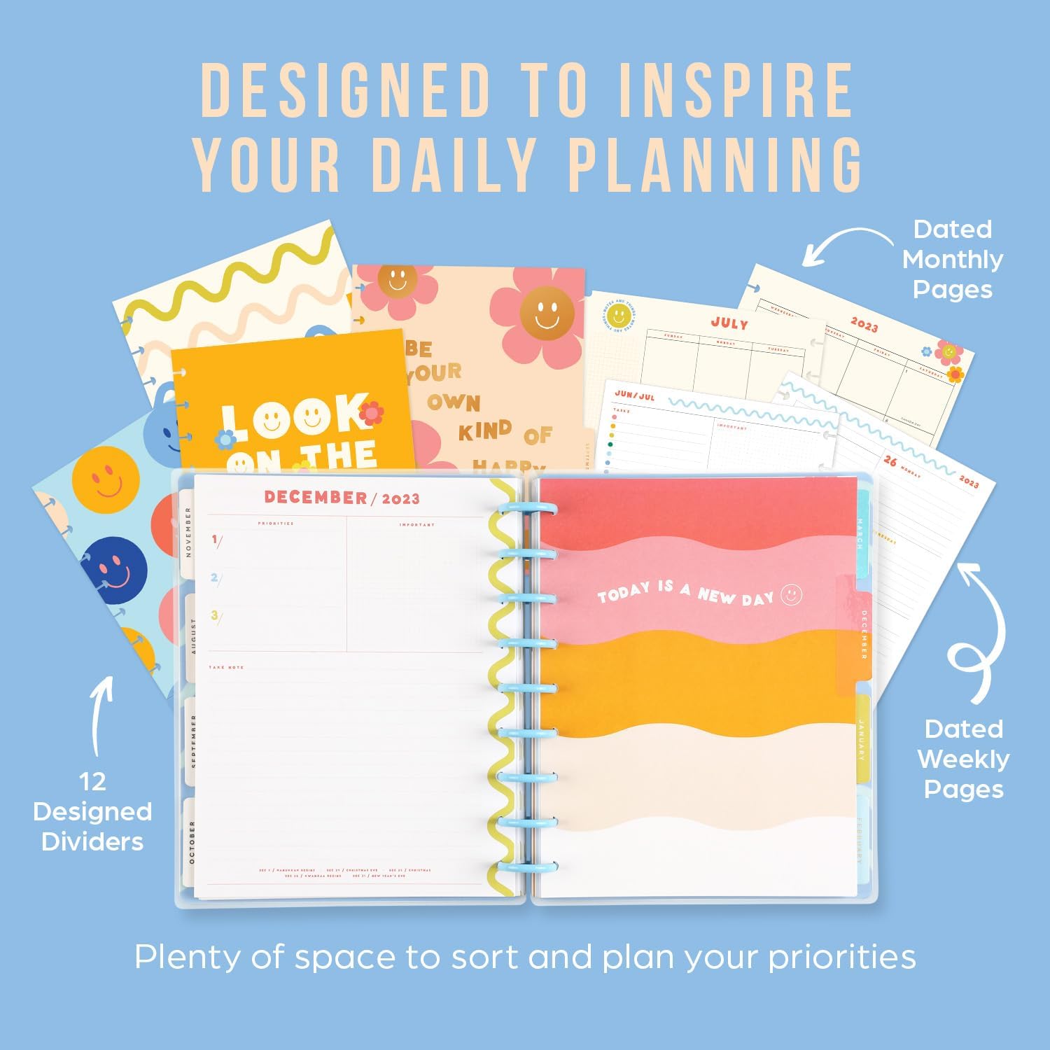 Happy Planner 12 Month Student or Teacher Planner - July 2023 - June 2024 - Daily, Weekly and Monthly Disc Bound Pages - Dashboard Layout - Teacher Notes - Classic Planner 7" x 9.25"